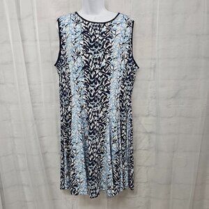 Gabby Style Blue White Bamboo Print Sleeveless Shift Dress 16W
